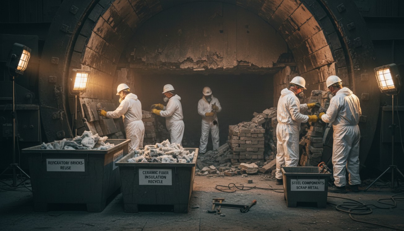 Demolition crew separating reusable refractory bricks, ceramic fiber insulation and steel components into dedicated bins